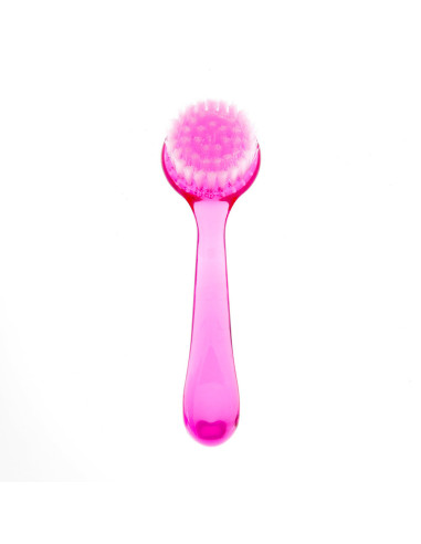 Round manicure and dust brush with a pink handle