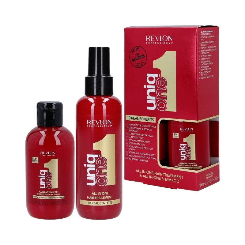 REVLON Uniq One plaukų priežiūros rinkinys: regeneruojamoji priemonė 150 ml + šampūnas 100 ml
