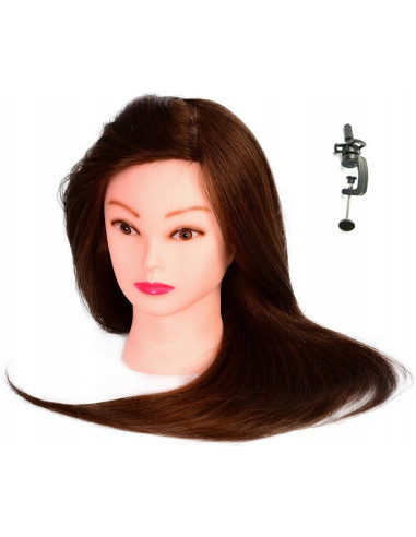 Ela training head 60 cm brown, natural hair + handle, hairdressing combing head, training head