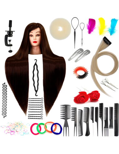 Mannequin hairdresser head IZA BROWN 60cm synthetic heat resistant hair with accessories set