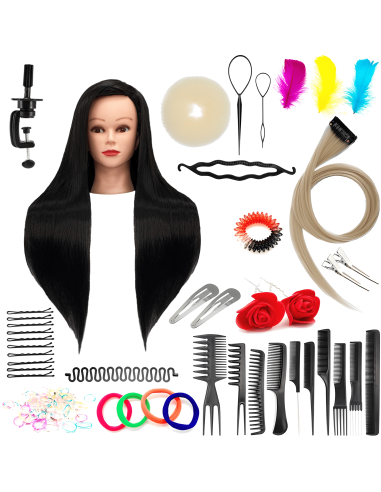 Mannequin head hairdressers IZA BLACK 80cm with heat resistant hair and accessories set