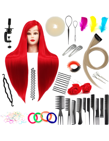 Manekeno galva kirpėjams IZA RED 80cm sintetiniai plaukais su aksesuarų rinkiniu