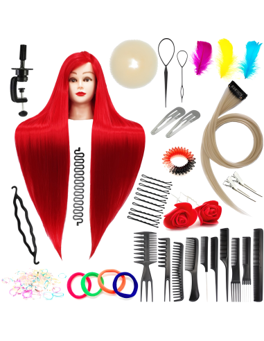 Mannequin hairdresser head IZA 90 CM red synthetic heat resistant hair accessories set